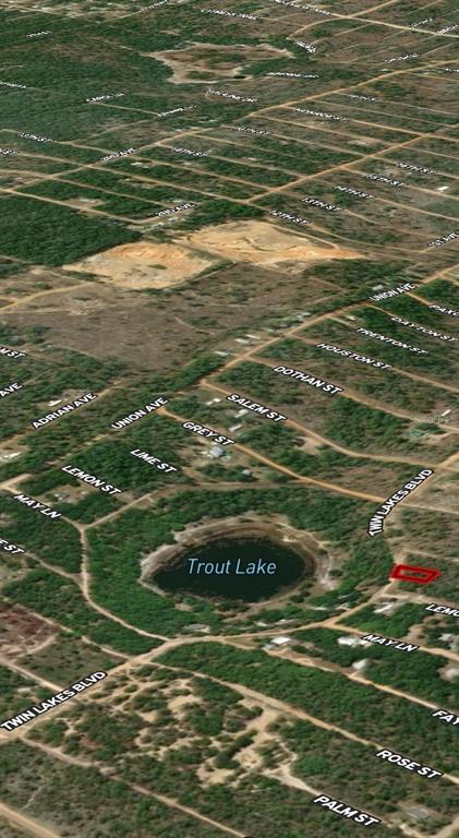 This is an aerial map view showing a residential area surrounding Trout Lake — LOT 23 TWIN LAKES BOULEVARD, INTERLACHEN, FL