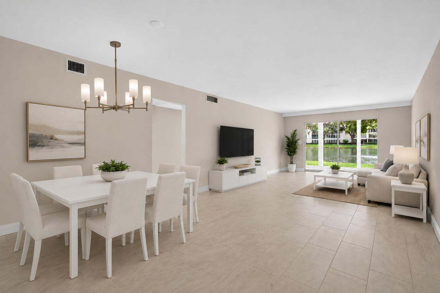 An open-concept living and dining area features tile floors, neutral walls, and a lake view — 2202 Lucaya Bend # B1, Coconut Creek FL 33066, COCONUT CREEK, FL