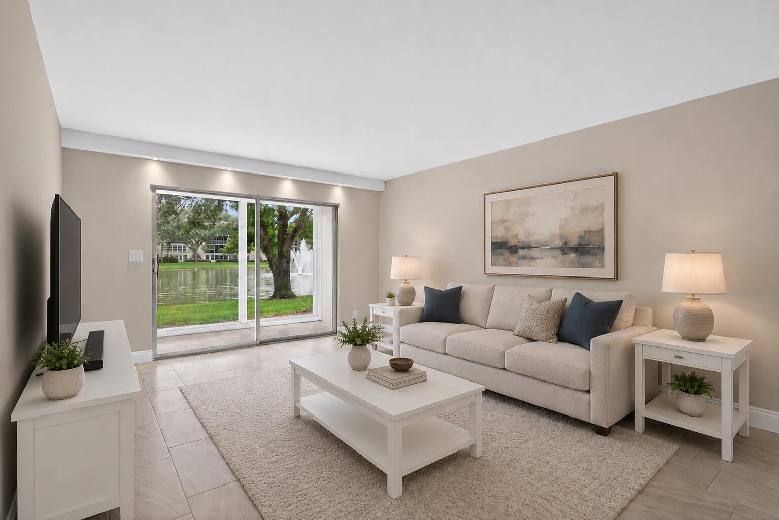 A living room features a beige sofa, white furniture, tile floors, and sliding glass doors — 2202 Lucaya Bend # B1, Coconut Creek FL 33066, COCONUT CREEK, FL