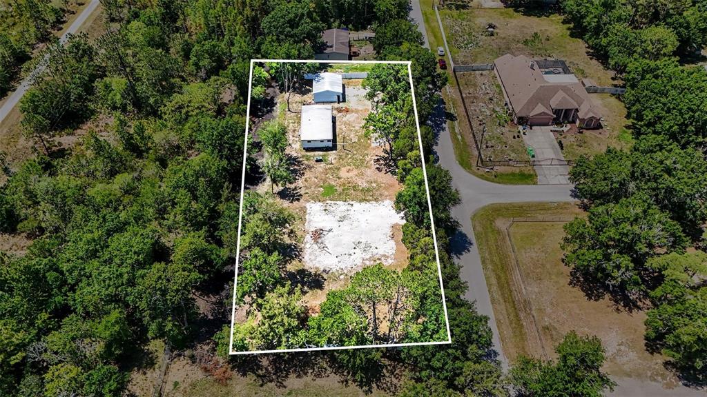 An aerial view shows a rectangular lot with two small structures and a cleared area — 1346 SIERRA PINES BLVD, LUTZ, FL