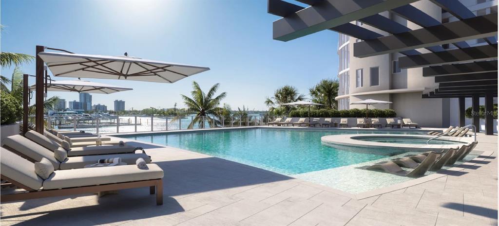 This rendering shows a modern outdoor swimming pool with lounge chairs and a hot tub — 590 GOLDEN GATE POINT UNIT 706, SARASOTA, FL