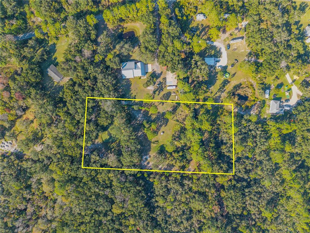 An aerial view shows a rectangular plot of land outlined in yellow amidst dense trees — 0 CLINTON CEMETERY RD., EDGEWATER, FL