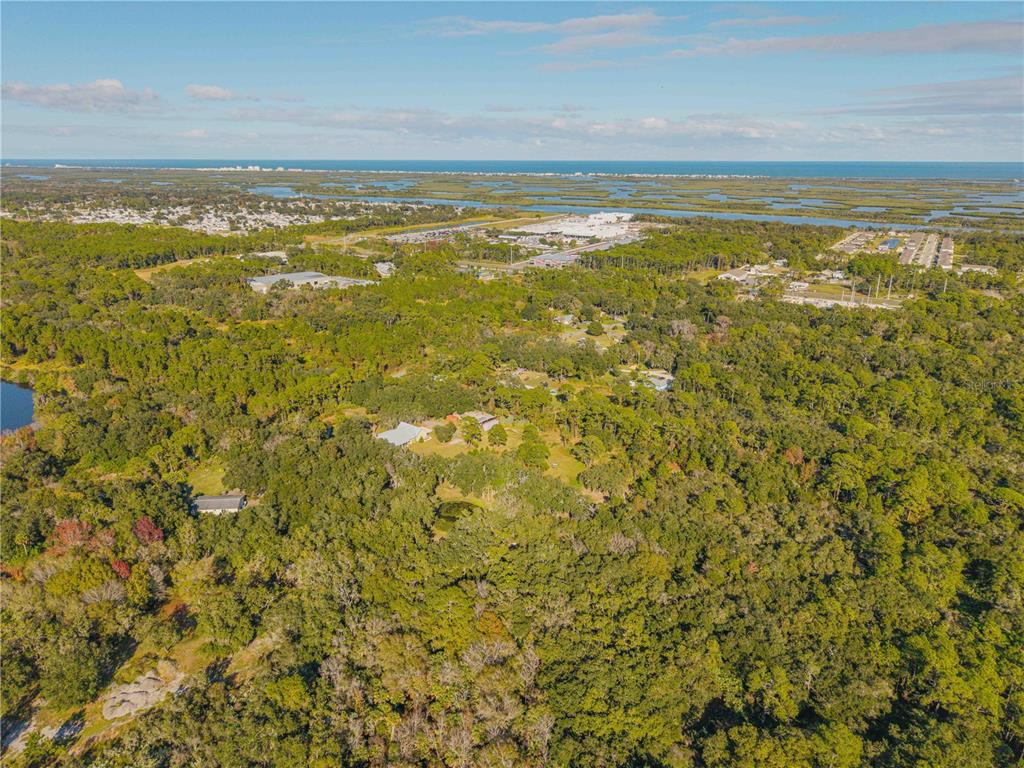 An aerial view shows a house surrounded by dense forest with a distant coastal landscape — 0 CLINTON CEMETERY RD., EDGEWATER, FL