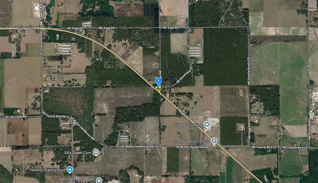 This is a satellite map view showing rural roads, farmland, and local businesses — 4145 E US HWY 27, MAYO, FL