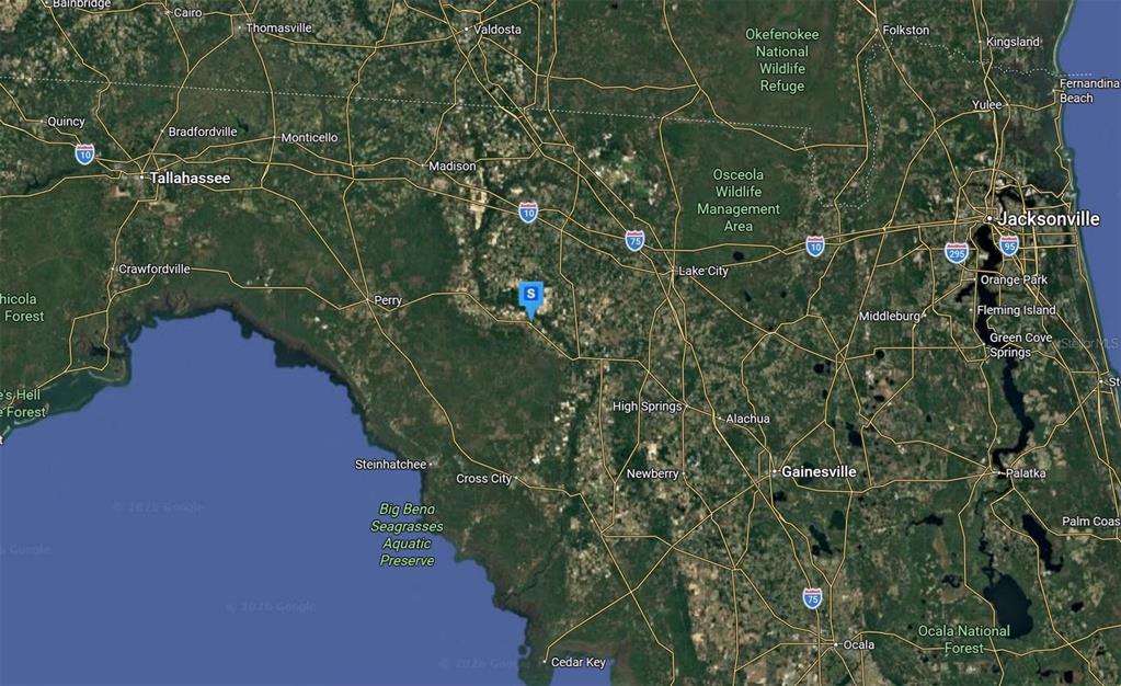 This is a satellite map showing northern Florida, including Jacksonville, Tallahassee, and surrounding areas — 4145 E US HWY 27, MAYO, FL