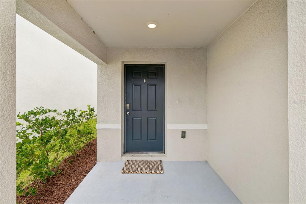 A dark gray front door is centered on a covered concrete porch with landscaping nearby — 5254 ROCKY COAST PLACE, PALMETTO, FL