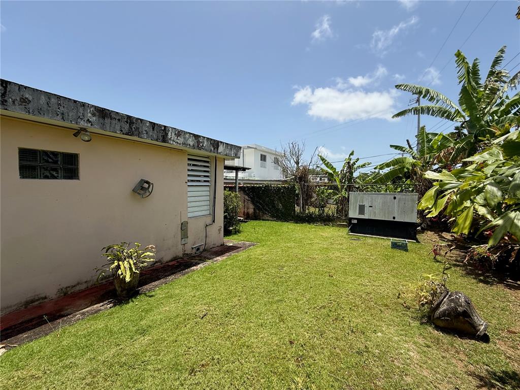 A grassy backyard features a beige house wall, a generator, and lush tropical plants — 1771 ALCALÁ, SAN JUAN, PR