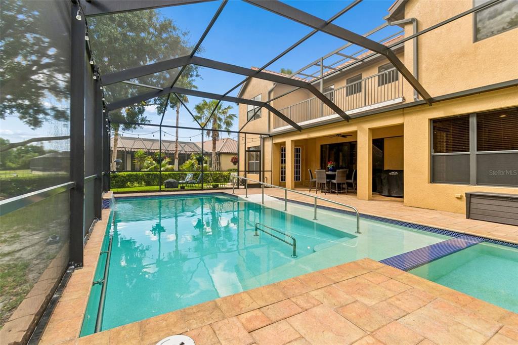A screened-in patio features a swimming pool with a built-in metal handrail and seating — 3654 BALLASTONE DRIVE, LAND O LAKES, FL