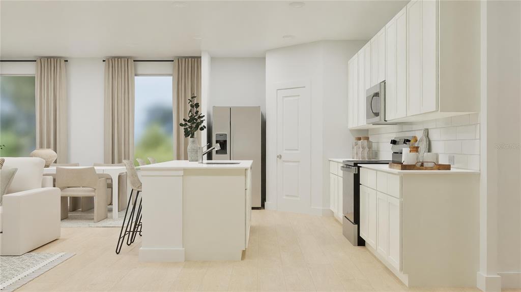 This is a digital rendering of a modern kitchen with white cabinetry and a center island — 3018 GRANITE RIDGE AVENUE, MINNEOLA, FL