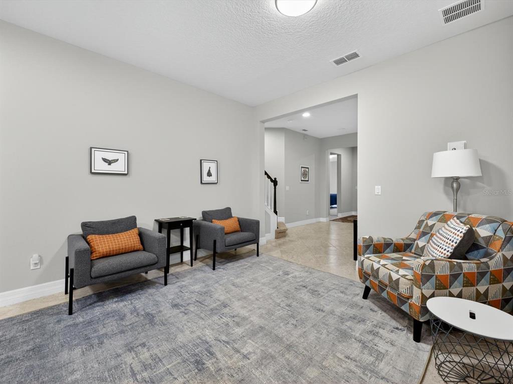 A living room features two gray armchairs, a patterned armchair, and a blue area rug — 11708 MEADOW GROVE CIRCLE, ORLANDO, FL