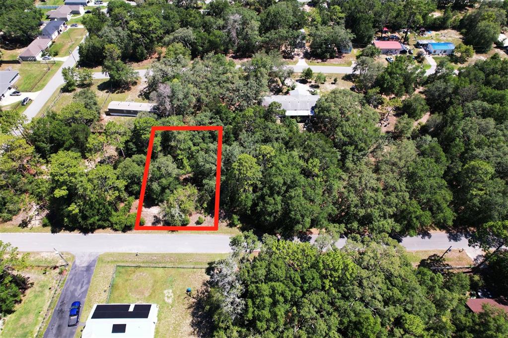 An aerial view shows a wooded, rectangular vacant lot outlined in red along a road — SW 105TH PLACE, DUNNELLON, FL