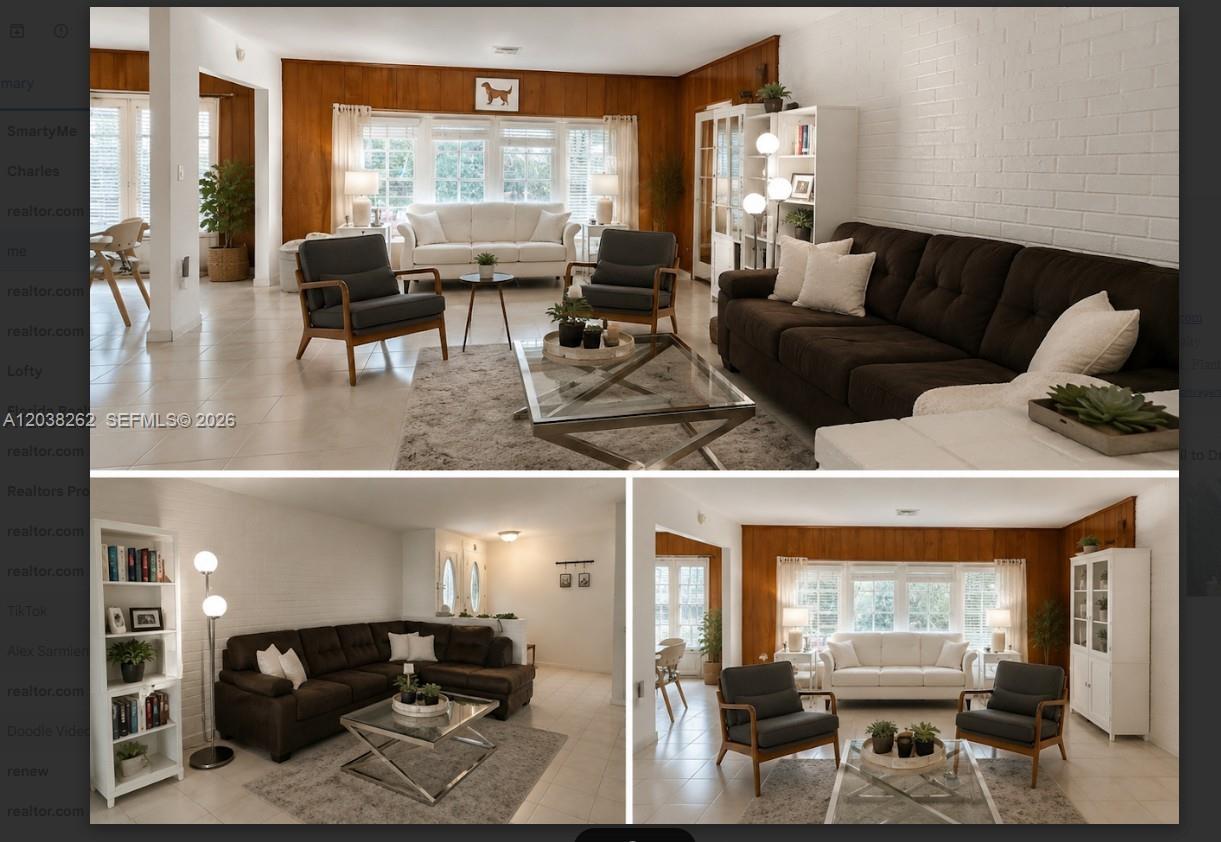 This living room features wood-paneled walls, a white brick accent wall, and tile flooring — 5804 SW 35th St # 0, Miami FL 33155, MIAMI, FL