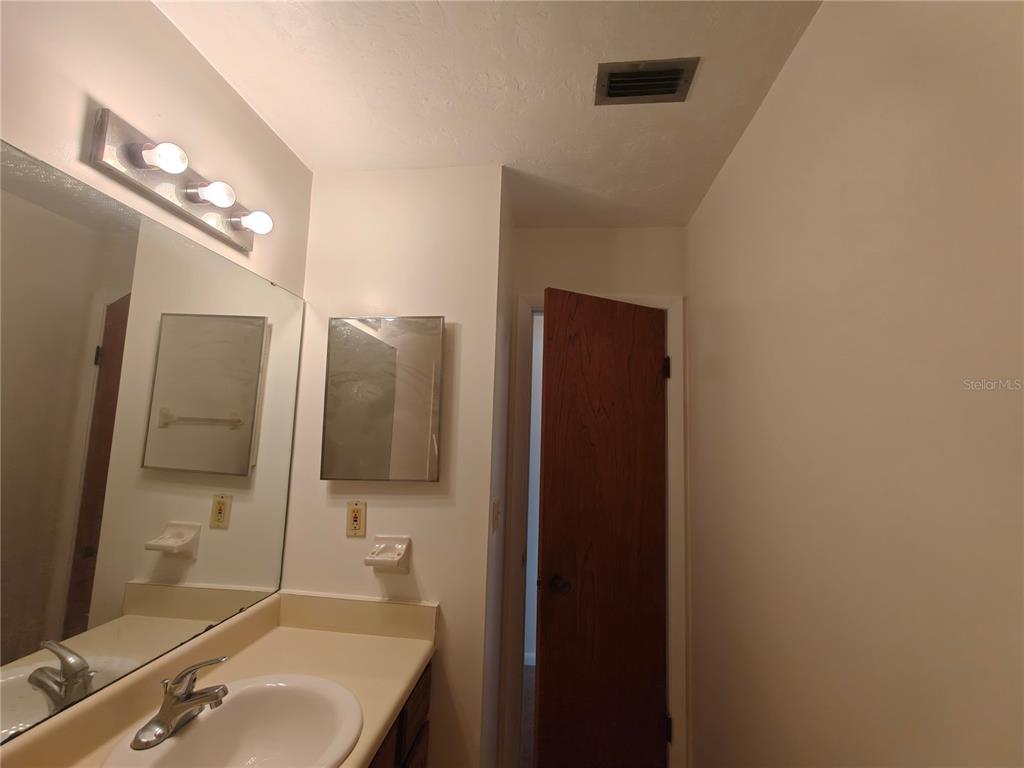 A bathroom features a vanity with a sink, a large mirror, and a wooden door — 6133 NW 33RD STREET, GAINESVILLE, FL