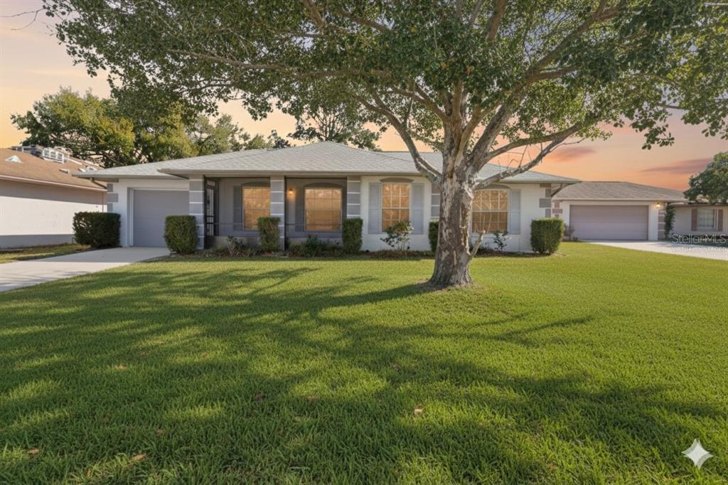 A single-story house with a large tree in the front yard and two garages — 11407 SPLITWOOD LANE, ORLANDO, FL