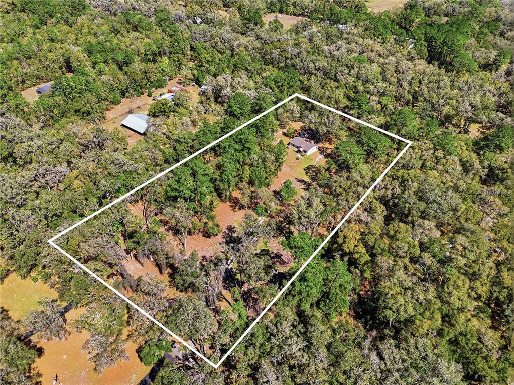 An aerial view shows a house situated on a large, wooded, rectangular lot — 1131 SW 166TH STREET, NEWBERRY, FL