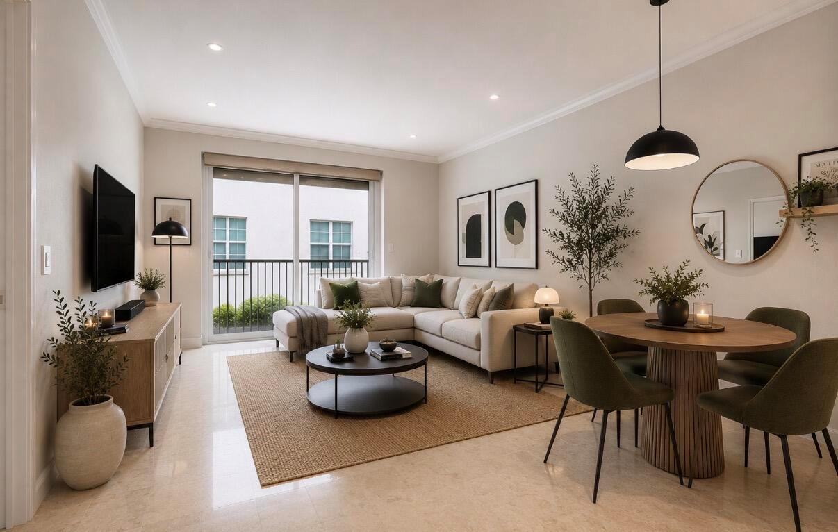 A modern living and dining room features a sectional sofa, round table, and balcony access — 235 NE 1st Street # 504, Delray Beach FL 33444, DELRAY BEACH, FL