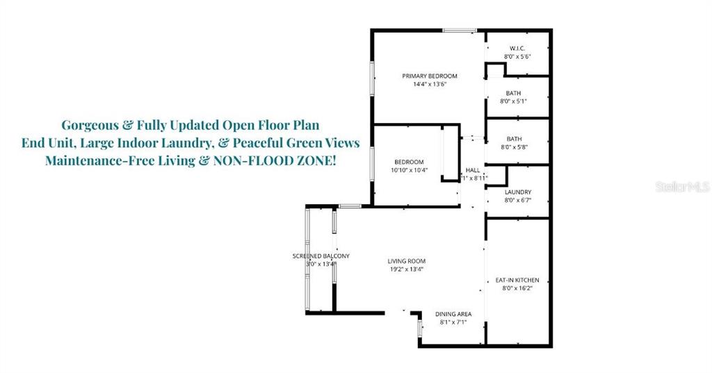 This is a floor plan for a two-bedroom, two-bathroom residential unit with a screened balcony — 2642 PINE RIDGE WAY S UNIT G2, PALM HARBOR, FL