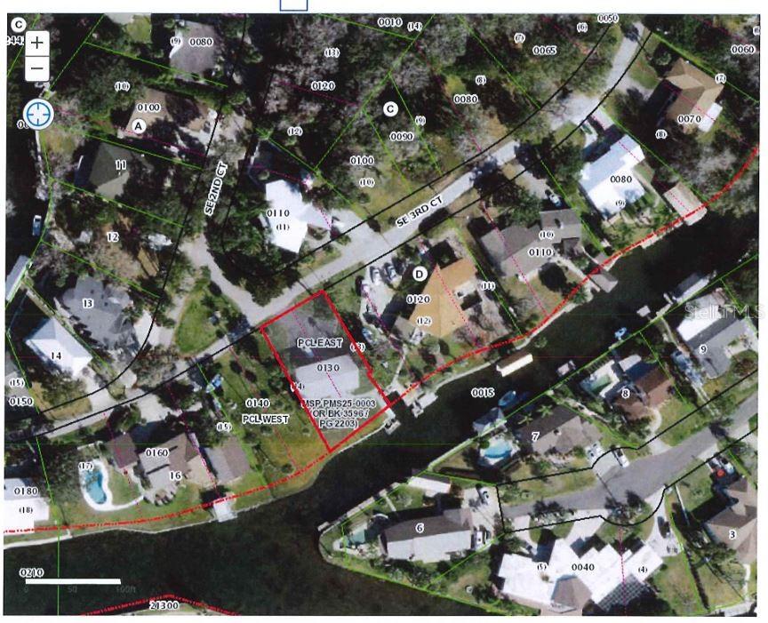 This is a property map showing a waterfront lot outlined in red on a canal — 1845 SE 3RD COURT, CRYSTAL RIVER, FL