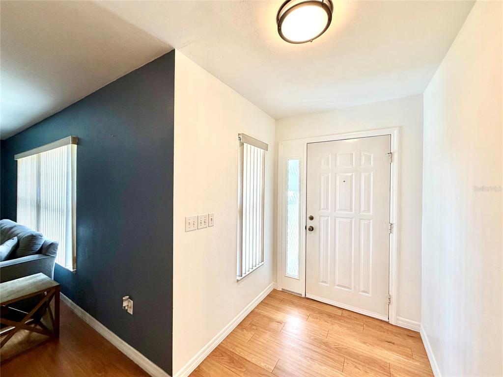 An entryway features wood-look flooring, a white front door with a sidelight, and dark accent walls — 9972 SW 151ST PLACE, LAKE BUTLER, FL