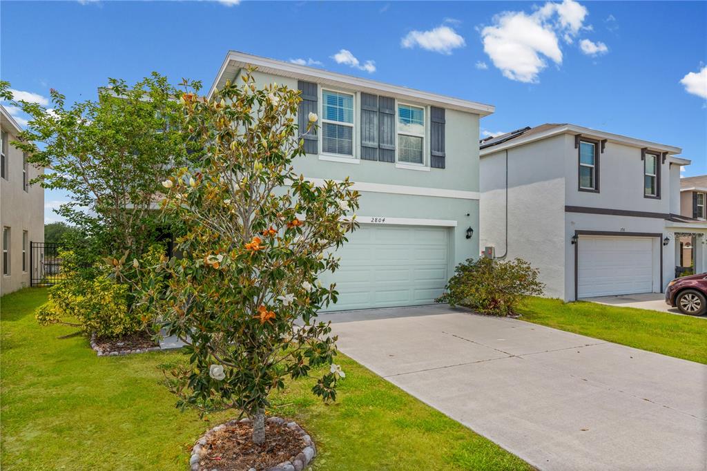 A two-story house with a light green exterior, a two-car garage, and a flowering tree — 2804 ROCK SOUND STREET, BRADENTON, FL