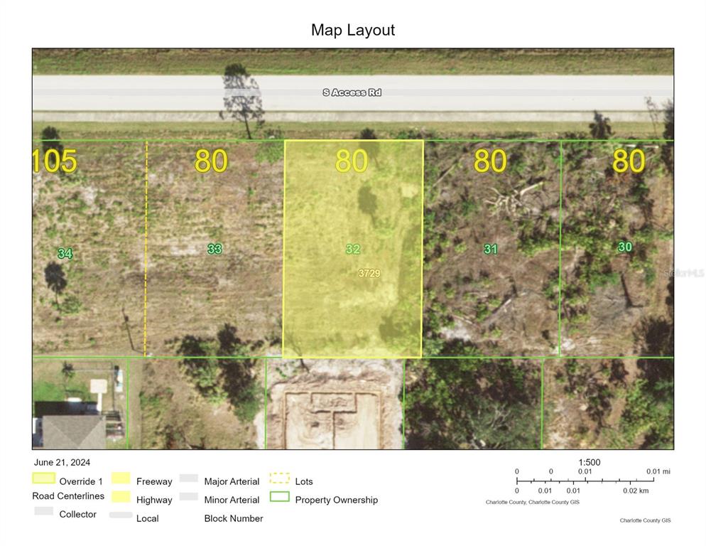 This is a map layout showing a highlighted residential lot with dimensions and surrounding properties — 4435 S ACCESS ROAD, ENGLEWOOD, FL