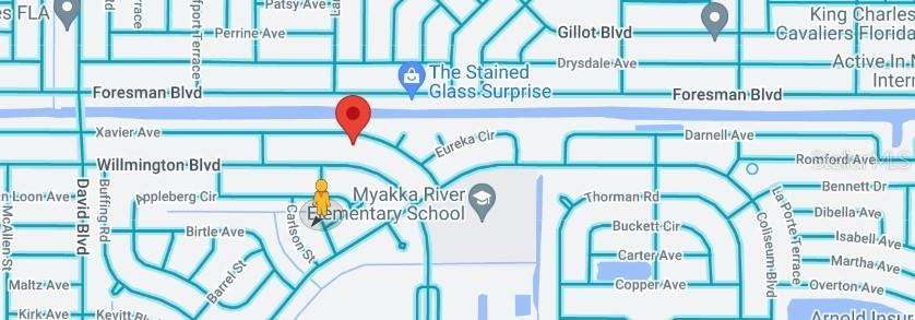 This is a map showing the location of Myakka River Elementary School and surrounding streets — 13017 XAVIER AVENUE, PORT CHARLOTTE, FL