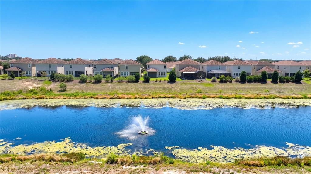 An aerial view shows a pond with a fountain in front of several suburban houses — 8801 BETH PAGE LANE, DAVENPORT, FL
