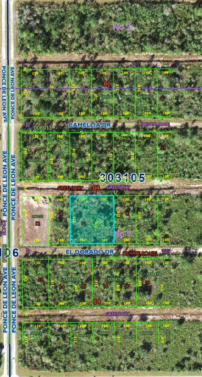 This is a property map showing multiple rectangular land parcels with dimensions and road names — 0 El Dorado Drive, FL 33855, FL