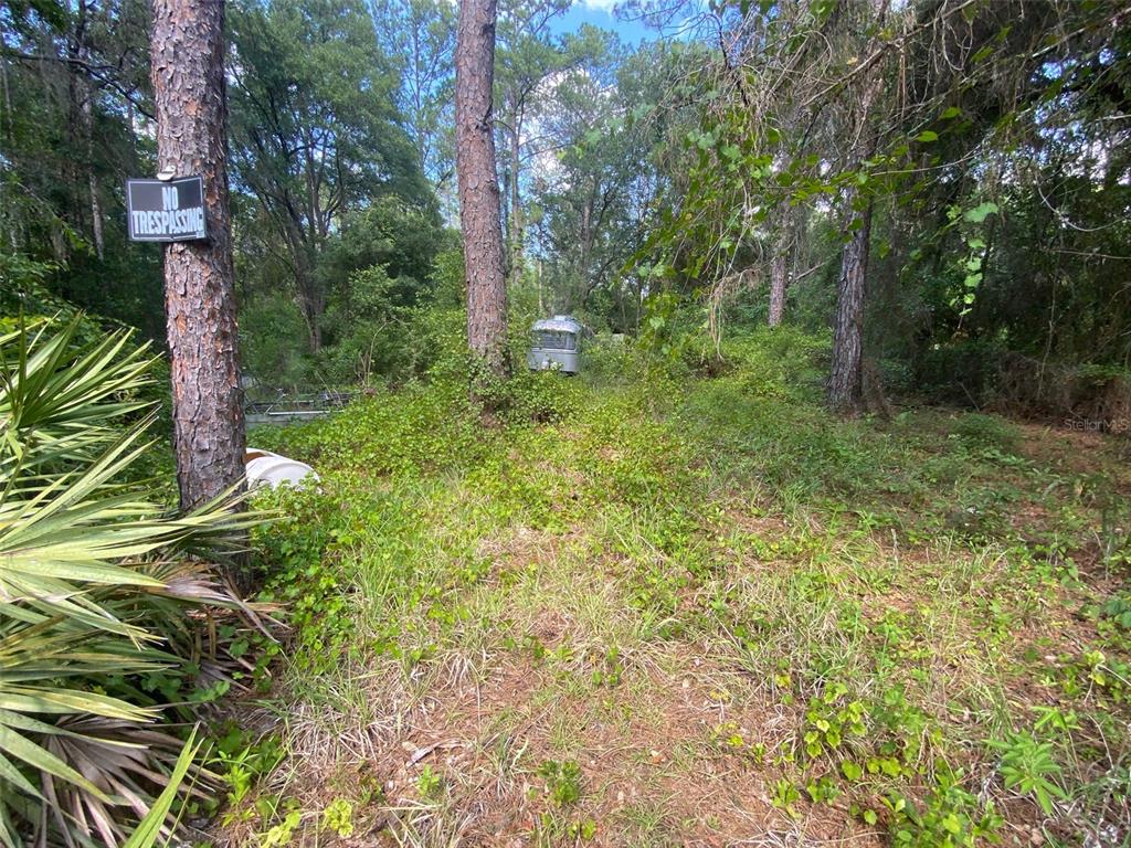 A wooded lot features a "No Trespassing" sign on a tree and an old trailer — 13701 NE 66TH AVENUE, CITRA, FL
