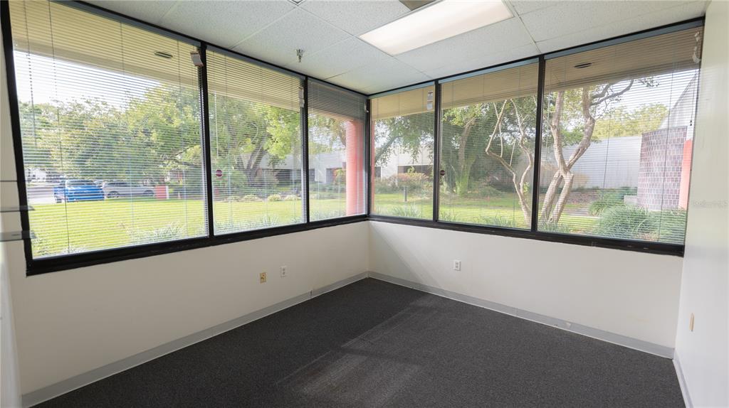 An empty office space features dark gray carpeting, white walls, and large windows with blinds — 1209 TECH BOULEVARD UNIT 102/104, TAMPA, FL