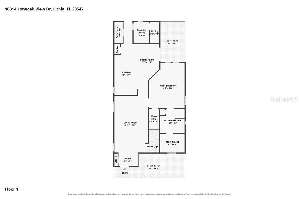 This is a floor plan showing the layout of the first floor of a house — 16014 LONEOAK VIEW DRIVE, LITHIA, FL