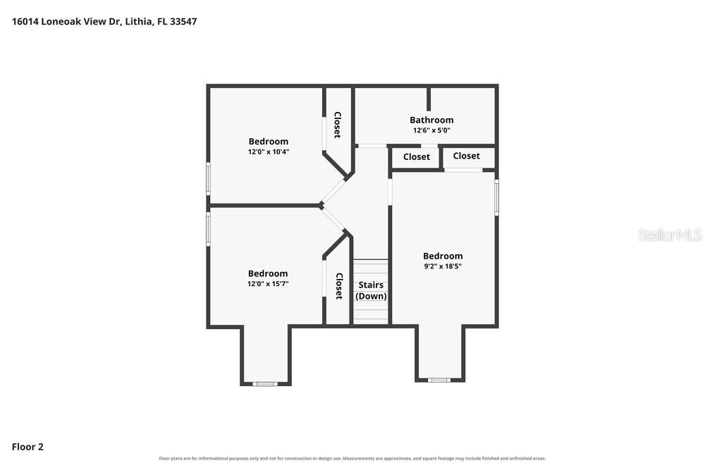 This is a floor plan of a second story featuring three bedrooms, a bathroom, and stairs — 16014 LONEOAK VIEW DRIVE, LITHIA, FL