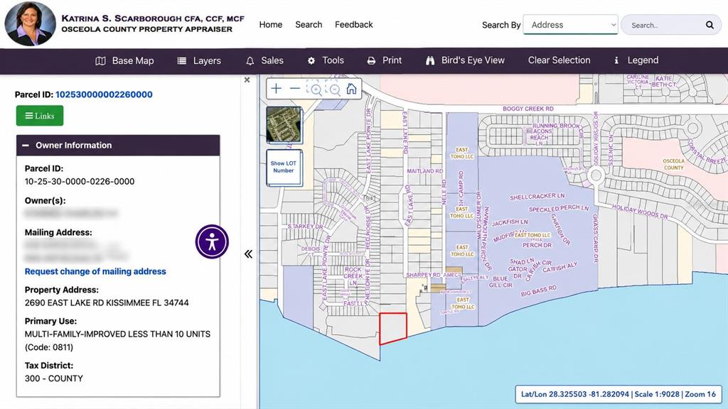 This is a digital map showing a property parcel highlighted in red within a neighborhood — 0 SHARPEY ROAD, KISSIMMEE, FL