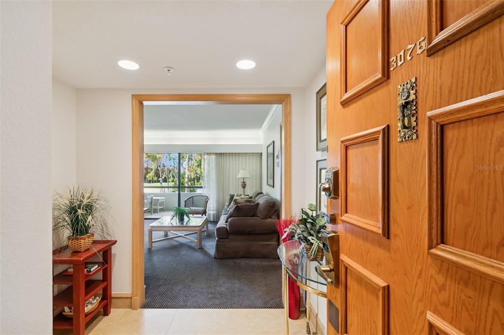 An entryway with a wooden door opens into a living room featuring a balcony view — 36750 US HIGHWAY 19 N UNIT 17208, PALM HARBOR, FL