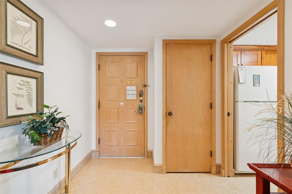 An entryway features a light wood door, a closet door, and a glass-topped console table — 36750 US HIGHWAY 19 N UNIT 17208, PALM HARBOR, FL