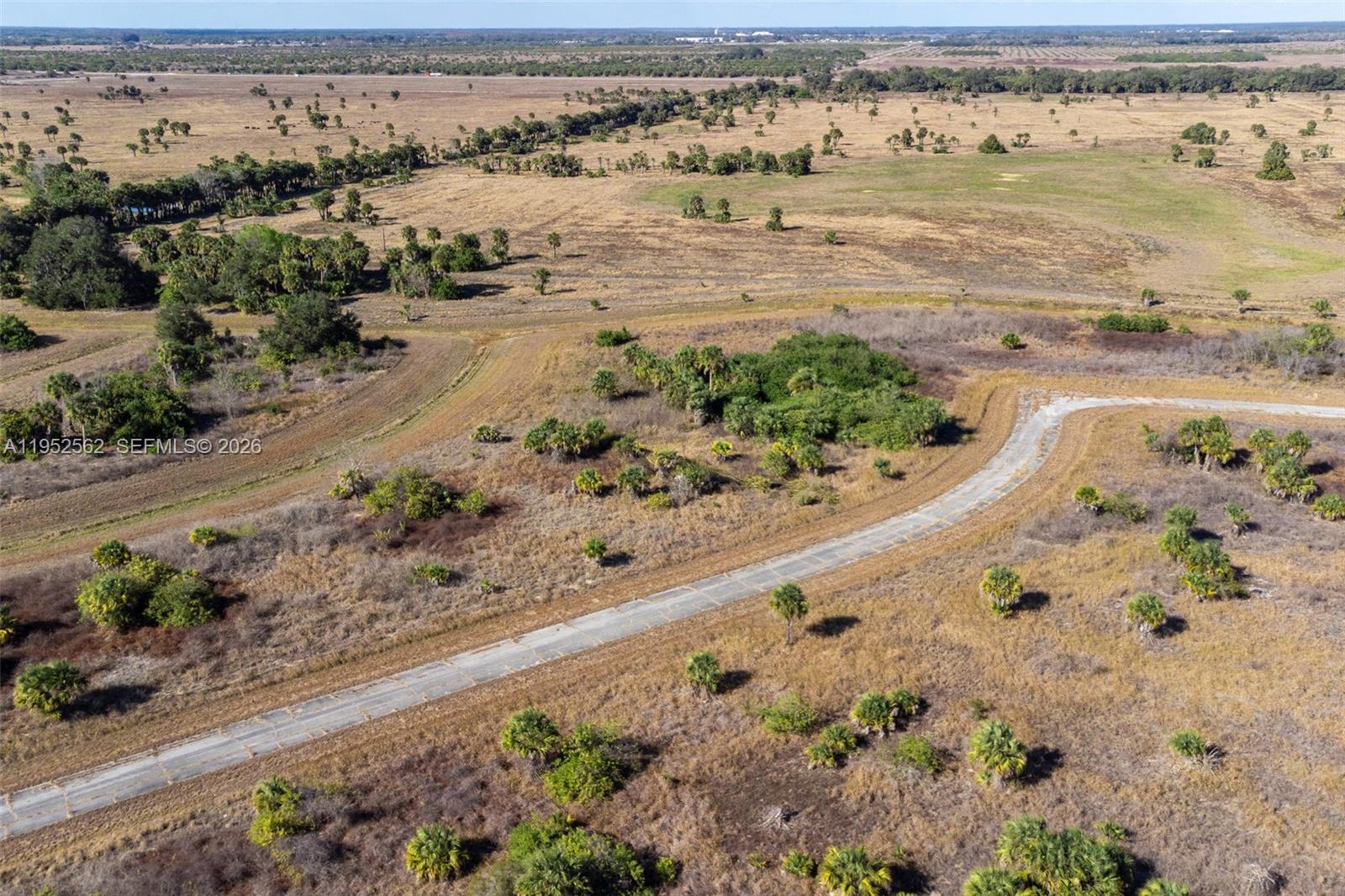 An aerial view shows a paved road winding through a dry, grassy, rural landscape — 403 Boca Cir, La Belle FL 33935, LA BELLE, FL