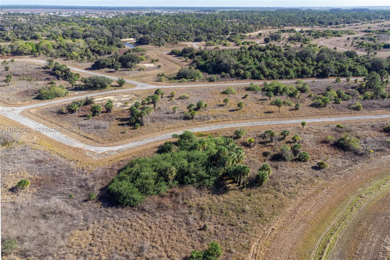 An aerial view shows a paved road winding through a dry, grassy, undeveloped landscape — 403 Boca Cir, La Belle FL 33935, LA BELLE, FL