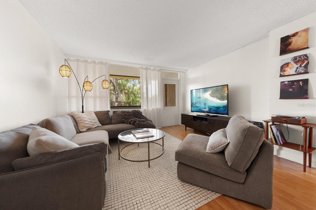 A living room features a sectional sofa, a coffee table, a television, and a floor lamp — 2614 COVE CAY DRIVE UNIT 409, CLEARWATER, FL