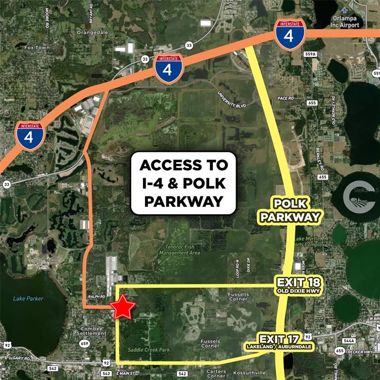 This map shows the location of a property relative to Interstate 4 and the Polk Parkway — 1525 FISH HATCHERY ROAD, LAKELAND, FL