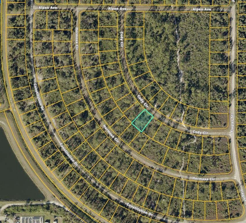 An aerial map shows a highlighted vacant residential lot located within a suburban street network — CODY CIRCLE, NORTH PORT, FL