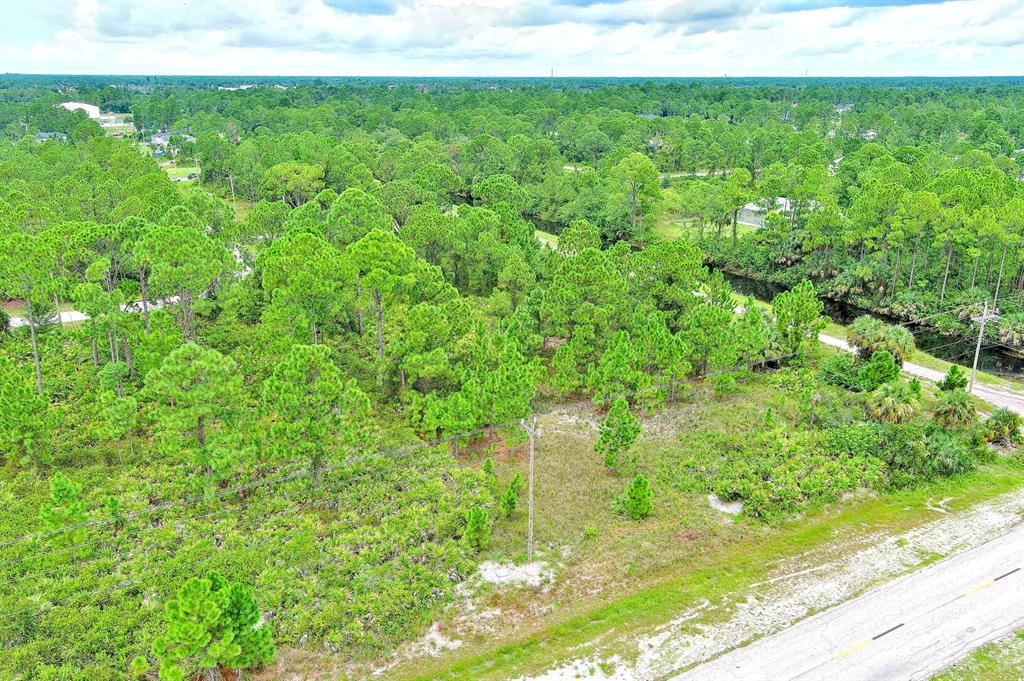 An aerial view shows a vacant, wooded lot bordered by a road and a canal — 702 EISENHOWER BOULEVARD, LEHIGH ACRES, FL