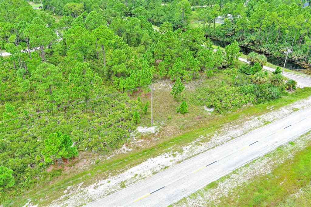 An aerial view of a vacant, wooded lot situated next to a paved road — 702 EISENHOWER BOULEVARD, LEHIGH ACRES, FL