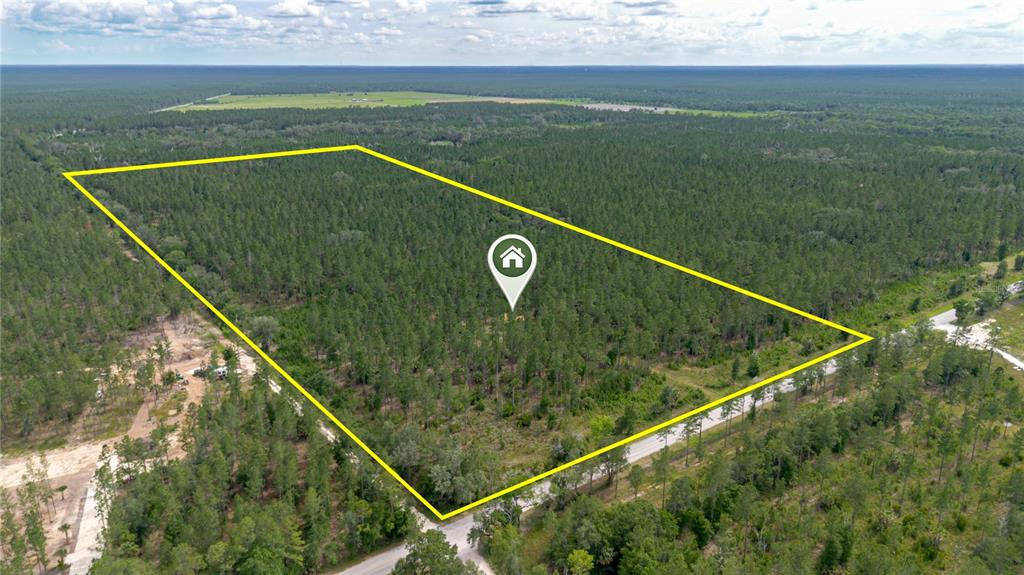 An aerial view shows a rectangular plot of land outlined in yellow within a forest — NE 90TH STREET ROAD, FORT MC COY, FL