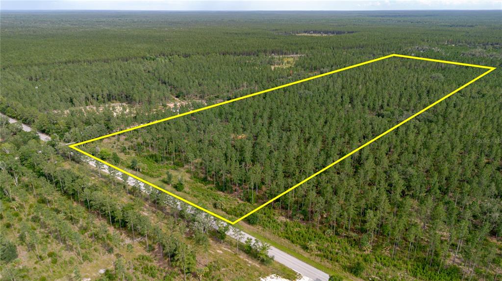 An aerial view shows a rectangular plot of land outlined in yellow amidst a forest — NE 90TH STREET ROAD, FORT MC COY, FL