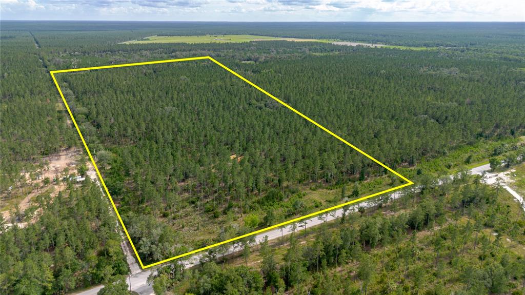 An aerial view shows a large, rectangular plot of forested land outlined in yellow — NE 90TH STREET ROAD, FORT MC COY, FL