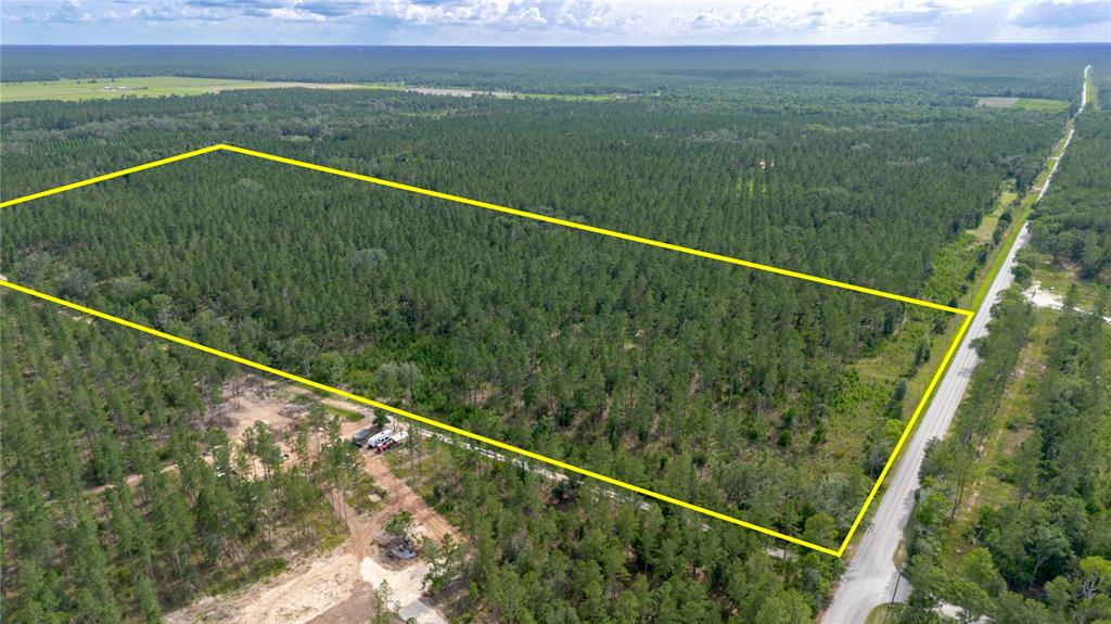 An aerial view shows a large, rectangular plot of forested land outlined in yellow — NE 90TH STREET ROAD, FORT MC COY, FL