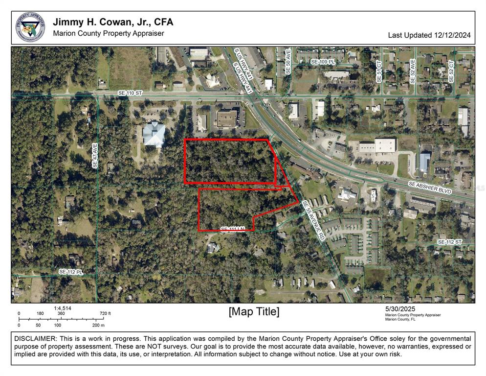 This is a property tax map showing two adjacent parcels of land near a highway — 11090 SE 55TH AVENUE ROAD, BELLEVIEW, FL