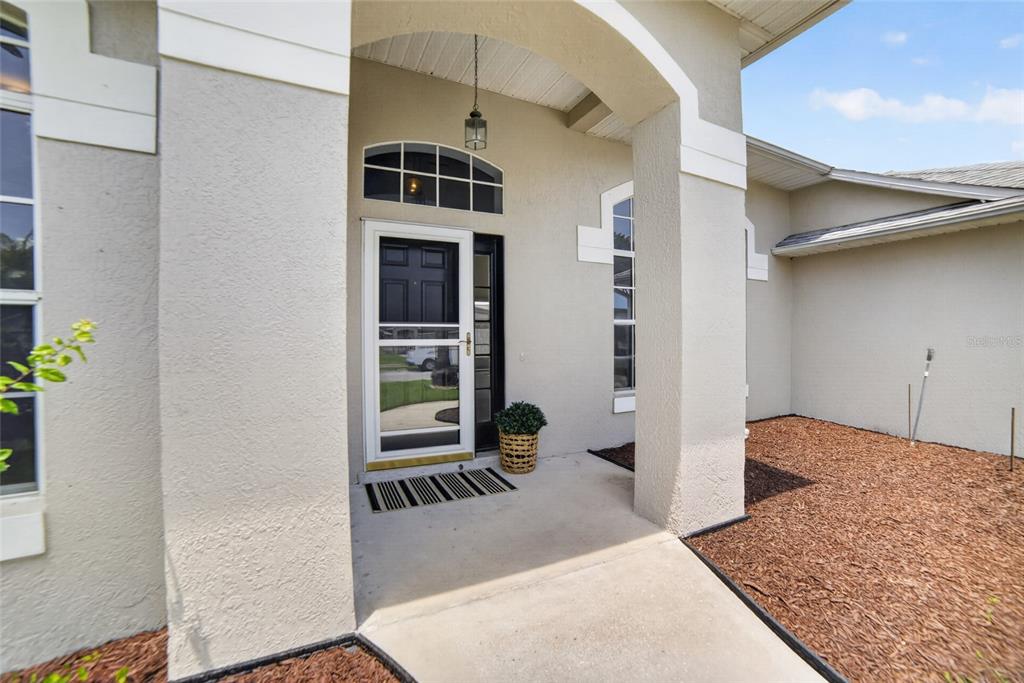 The exterior entrance features a covered porch, a glass storm door, and arched architectural details — 3832 BLACKBERRY CIRCLE, ST CLOUD, FL
