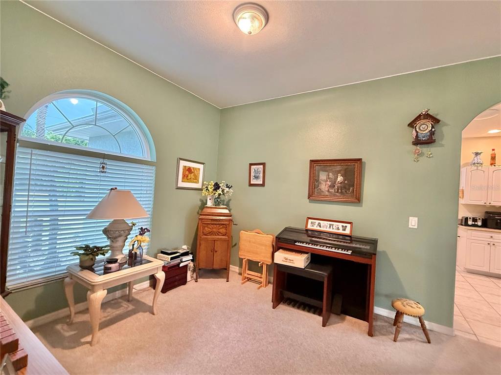 A living room with green walls, a piano, a window with blinds, and carpeted flooring — 4015 CLEARFIELD STREET, NORTH PORT, FL