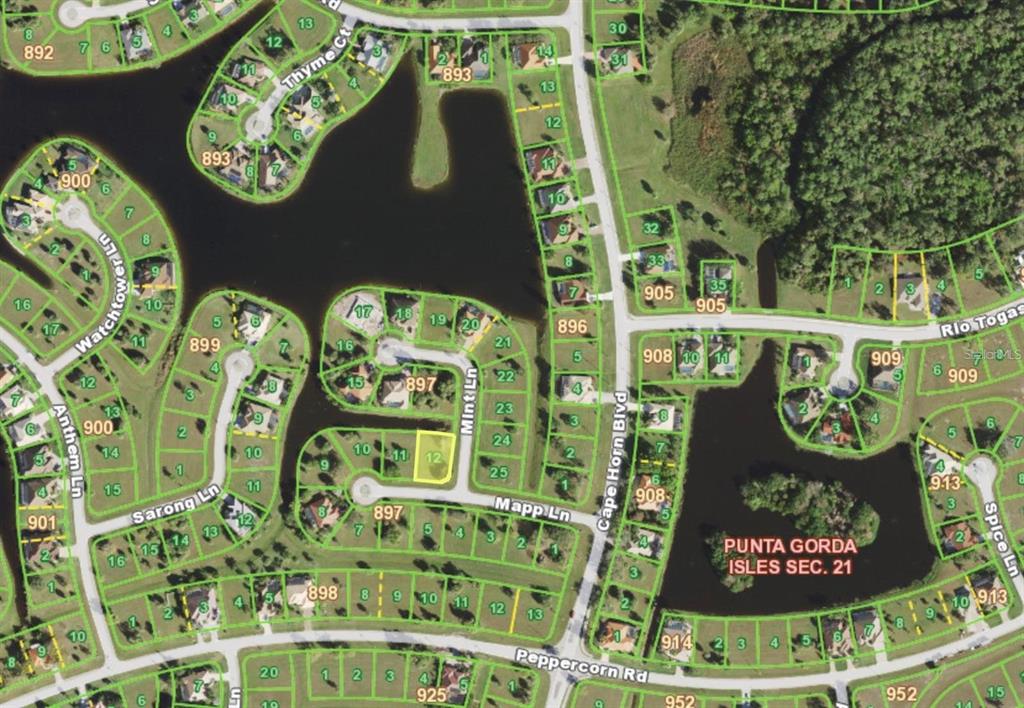 This is an aerial map showing residential lots and streets in a suburban neighborhood — 17207 MINT LANE, PUNTA GORDA, FL